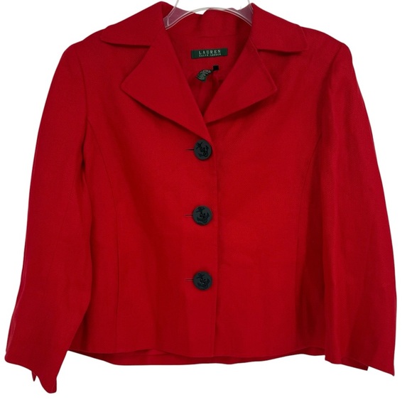 Lauren Ralph Lauren Linen Blazer Womens Size 12 Red Lined Button Front Nautical - Picture 1 of 8